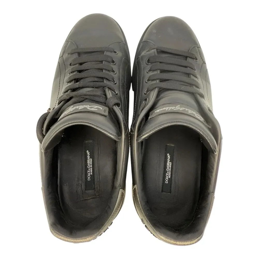 Dolce & Gabbana Black Leather Portofino Crown Patch Sneakers US 7 Eu 40